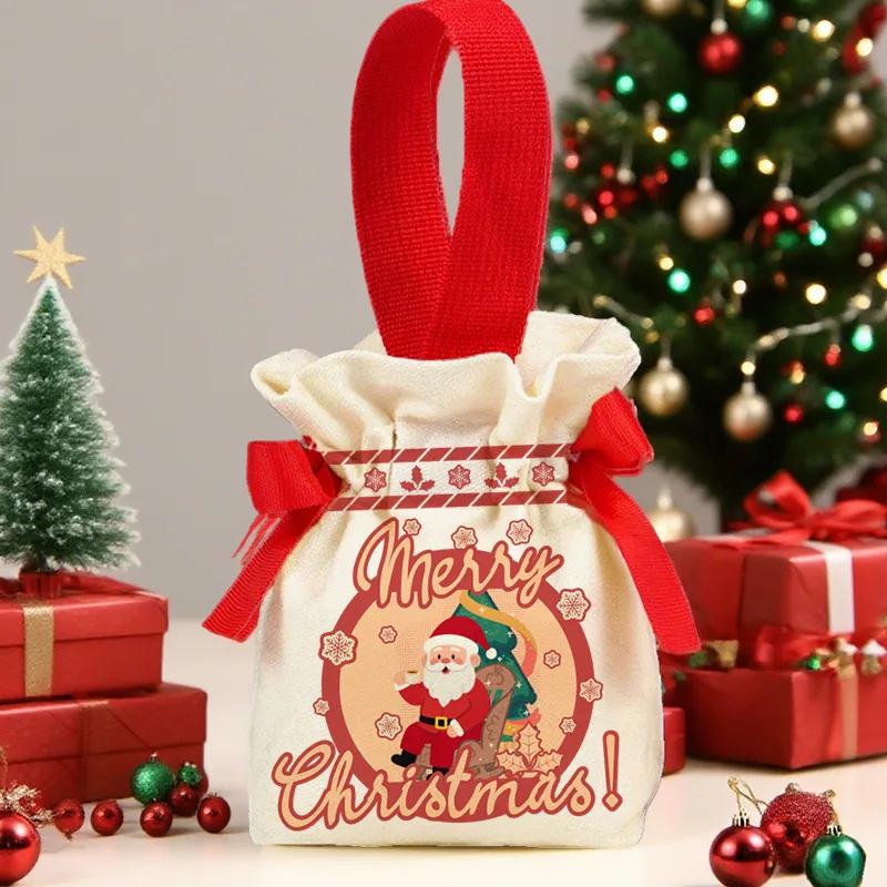 Christmas Canvas Drawstring Bag Christmas Candy Gift Packaging Bag Cartoon Handbag for Apple DIY New Year Xmas Home Party Supply