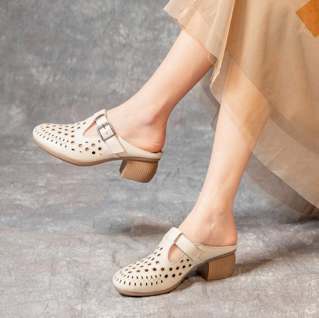 Summer New Genuine Leather Slippers Women's Retro Ethnic Style Thick Wedges Shoe Fish Mouth Mom Slippers Women Hollow Sandals