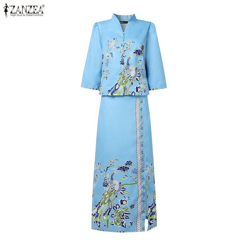 ZANZEA Women's 3/4 Sleeve V-Neck Printed Two Piece Set