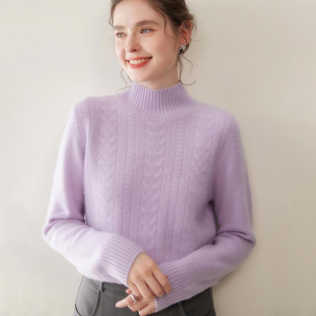 Women's Cashmere Cable Knit Semi-High Neck Sweater - Autumn/Winter Loose Fit Pullover