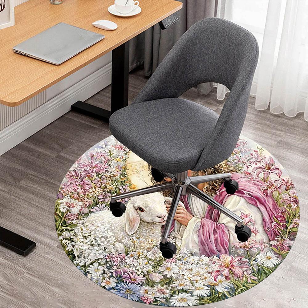 1pc Jesus Shepherd Lamb Round Chair mat office Area Rug - Non-Slip, Floor Mat for Office, Bedroom, Ideal home decor gift c0112106