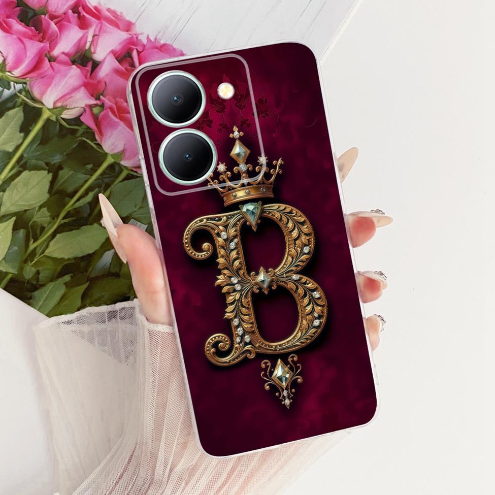 For Vivo V2322 Cover For Vivo Y27S Case Transparent Luxury Crown A-Z Letters 2D Flat Pattern Soft Phone Case For Y27S Vivo