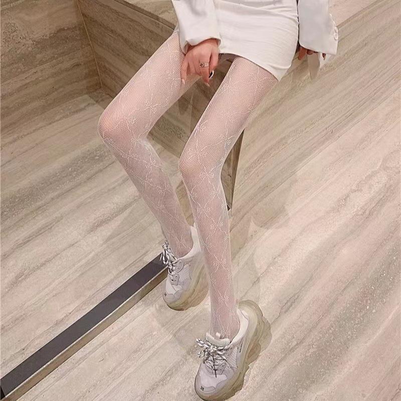 Hollow Lace Mesh Stockings with Bottom Pantyhose Lolita Retro Floral Vine White Black Stockings for Women