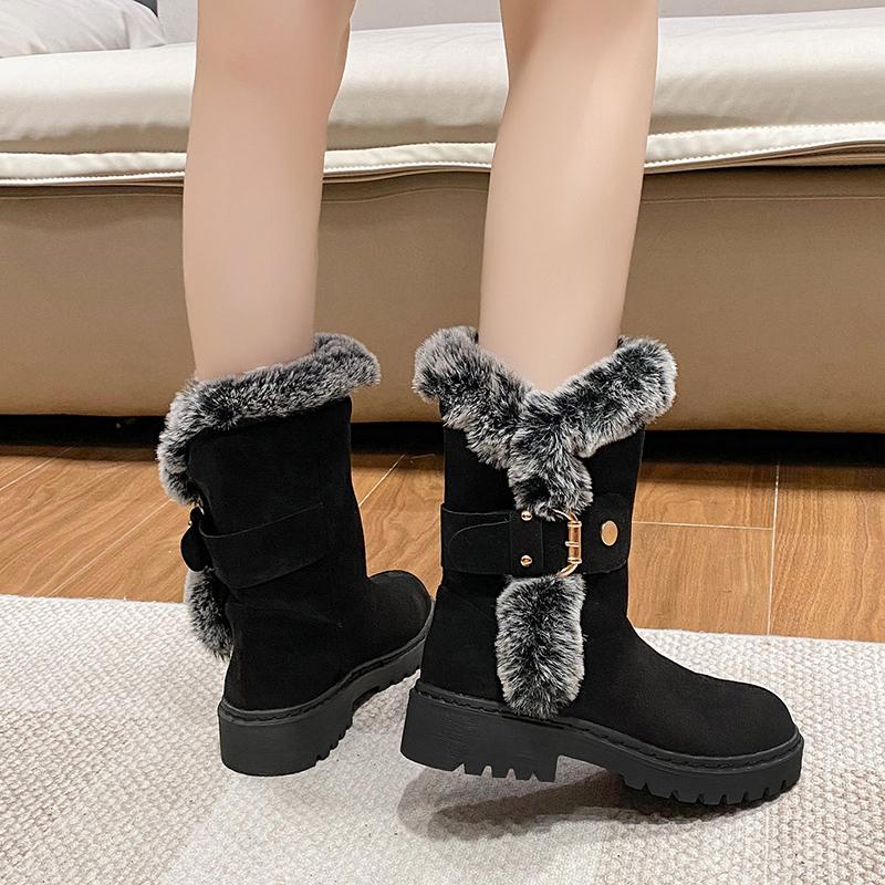 Round Toe Suede Rivet Metal Buckle Soft Sole Anti-slip Wear-resistant Block Heel Cotton Shoes Winter Mid-tube Shoes