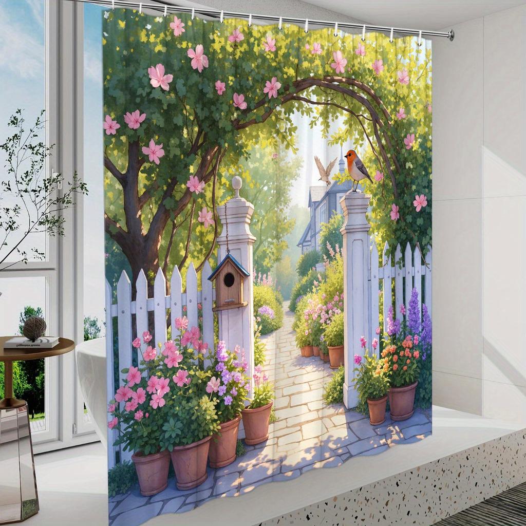 Rideau de douche 'Portail de jardin printanier' - Tissu résistant à l'eau pour salle de bain - Parfait pour les amateurs de nature et de motifs floraux