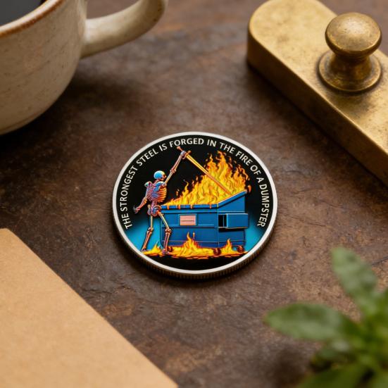 Skull Dumpster Flame Challenge Coin The Strongest Steel Is Forged Dumpster Flame Coin Funny