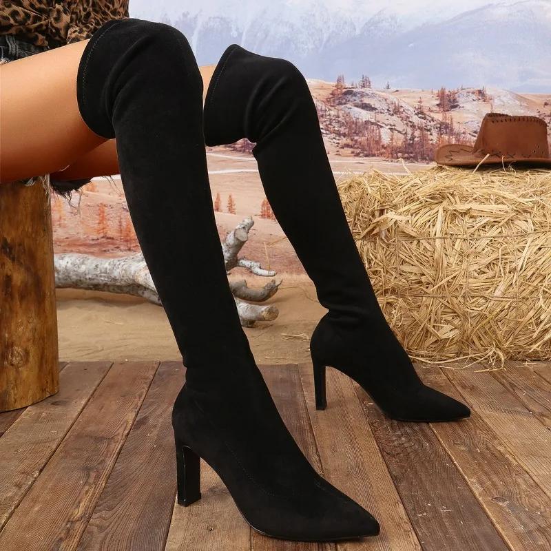 Fashion Plus Size Over-the-Knee Women's Boots 2024 Shoes Female Modern Boots Women Sewing Pointed Toe Thin Heels Slip On Ladies Shoes