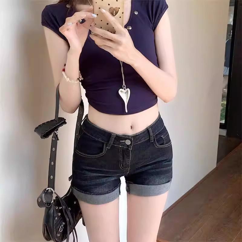 Women's Petite Spicy Retro High-Waist Dark Denim Hot Pants