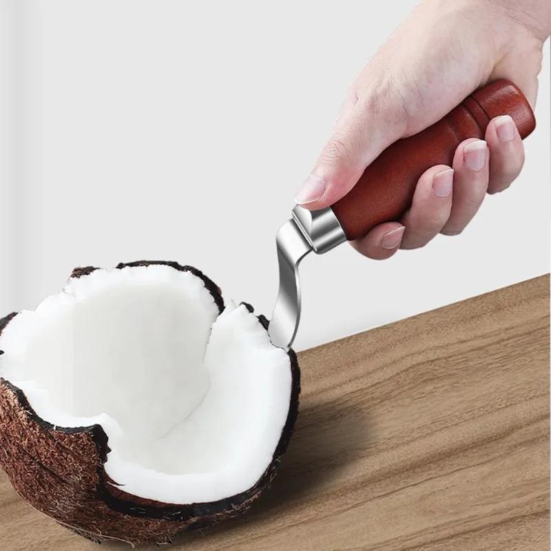 Coconut Meat Extractor Durable Wooden Handle Coconut Opener Scraper Knife Kitchen Accessories Stainless Steel
