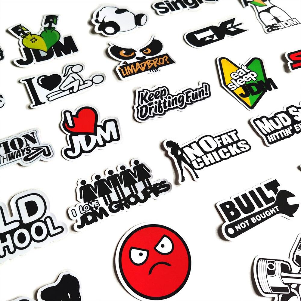 10/50 pegatinas geniales en blanco y negro con estilo JDM, pegatinas de grafiti para motocicletas de carreras, para bricolaje, equipaje, portátil, monopatín, bicicleta.