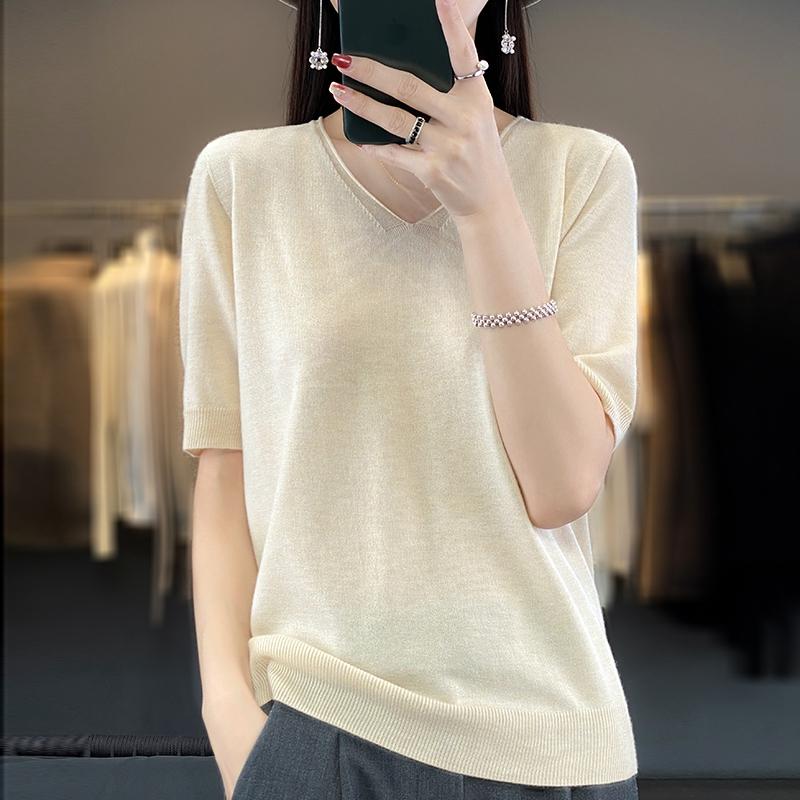 Camiseta de manga corta de verano para mujer, mezcla de 50 % seda morera y poliéster | Top informal ligero, transpirable y ajustado