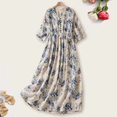 Vestido de verão feminino retrô estampa floral plissado linha A bainha solta mangas curtas cintura elástica bolsos laterais botão macio senhora diário namoro praia vestido midi