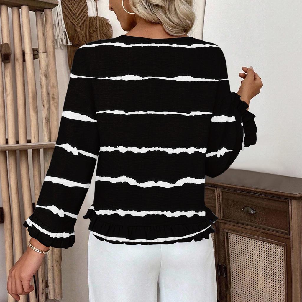 Dámský ležérní módní top s volánky, výstřihem do V, potiskem a dlouhým rukávem