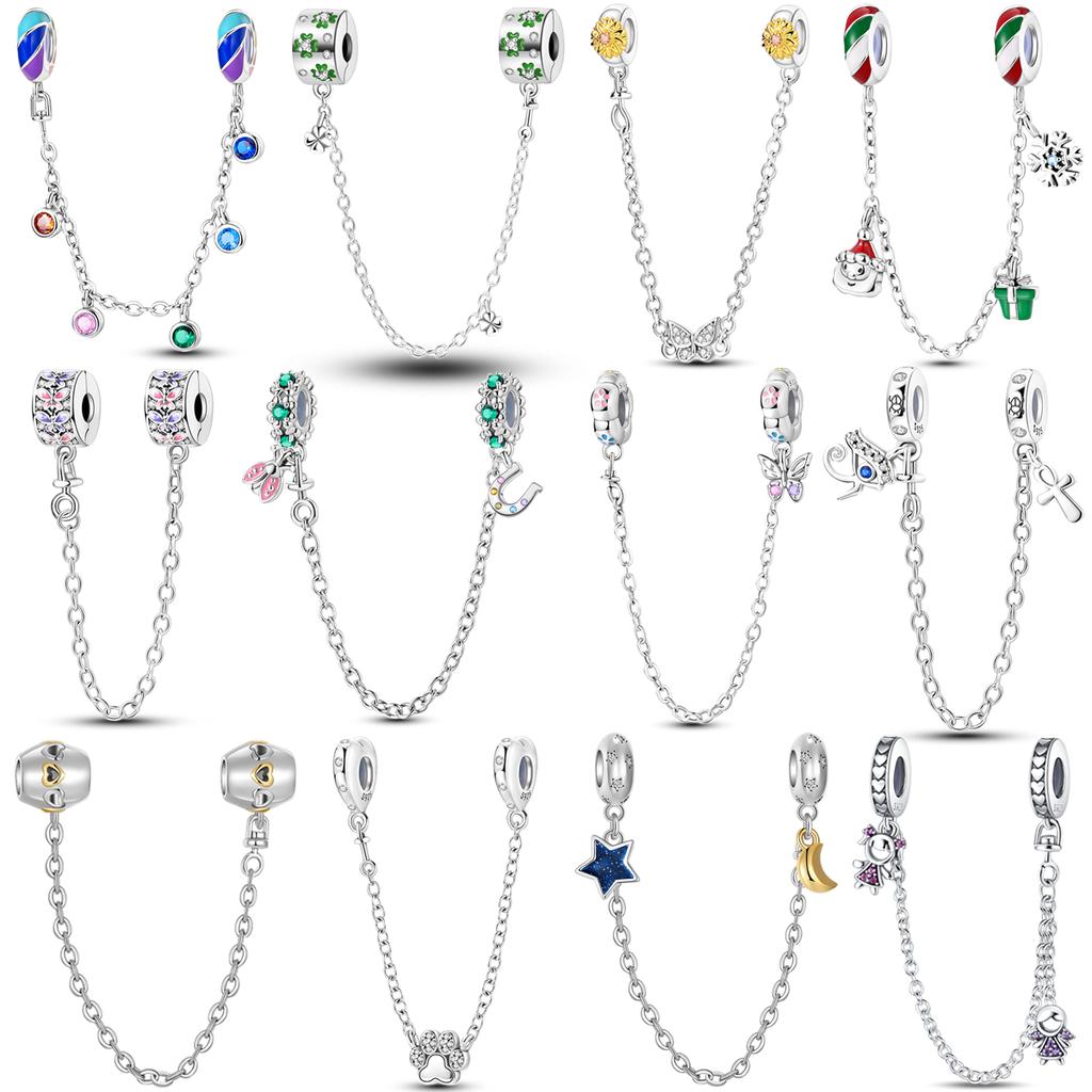 Copper Fashion Safety Chain Star Moon Inlaid Zirconium Charms Beads Fit Original Bangle Bracelet Diy Jewelry Gift