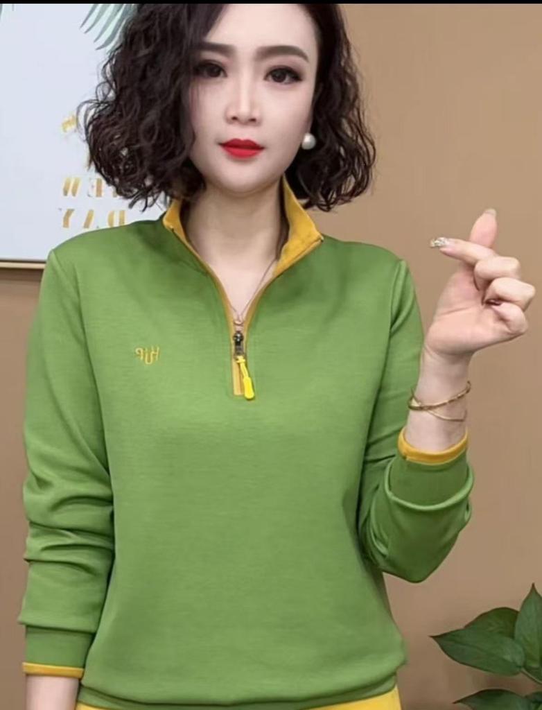 Spring Fashion Half-Zip Embroidered Slimming Color Block Long Sleeve Top for Moms