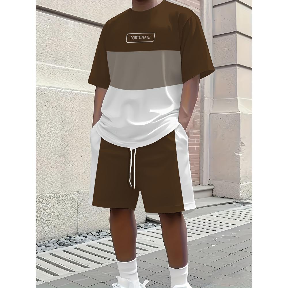 3D letter printed fashionable three color men's summer fresh T-shirt shorts set