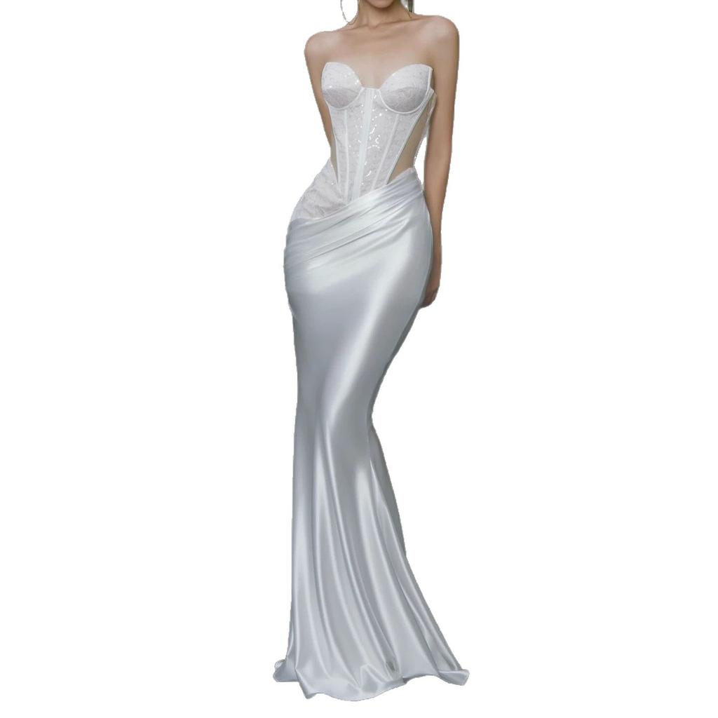 High temperament white tube top lace sequined fishtail skirt waist thin wedding evening dress