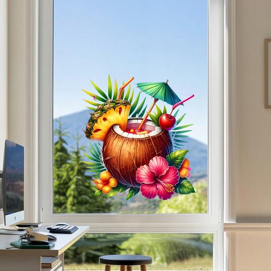 Summer Beach Window Cling Reusable Coconut Drink Pineapple Flower Static PVC Sticker Removable Hawaiian Tropical Theme Glass Decals for Living Room