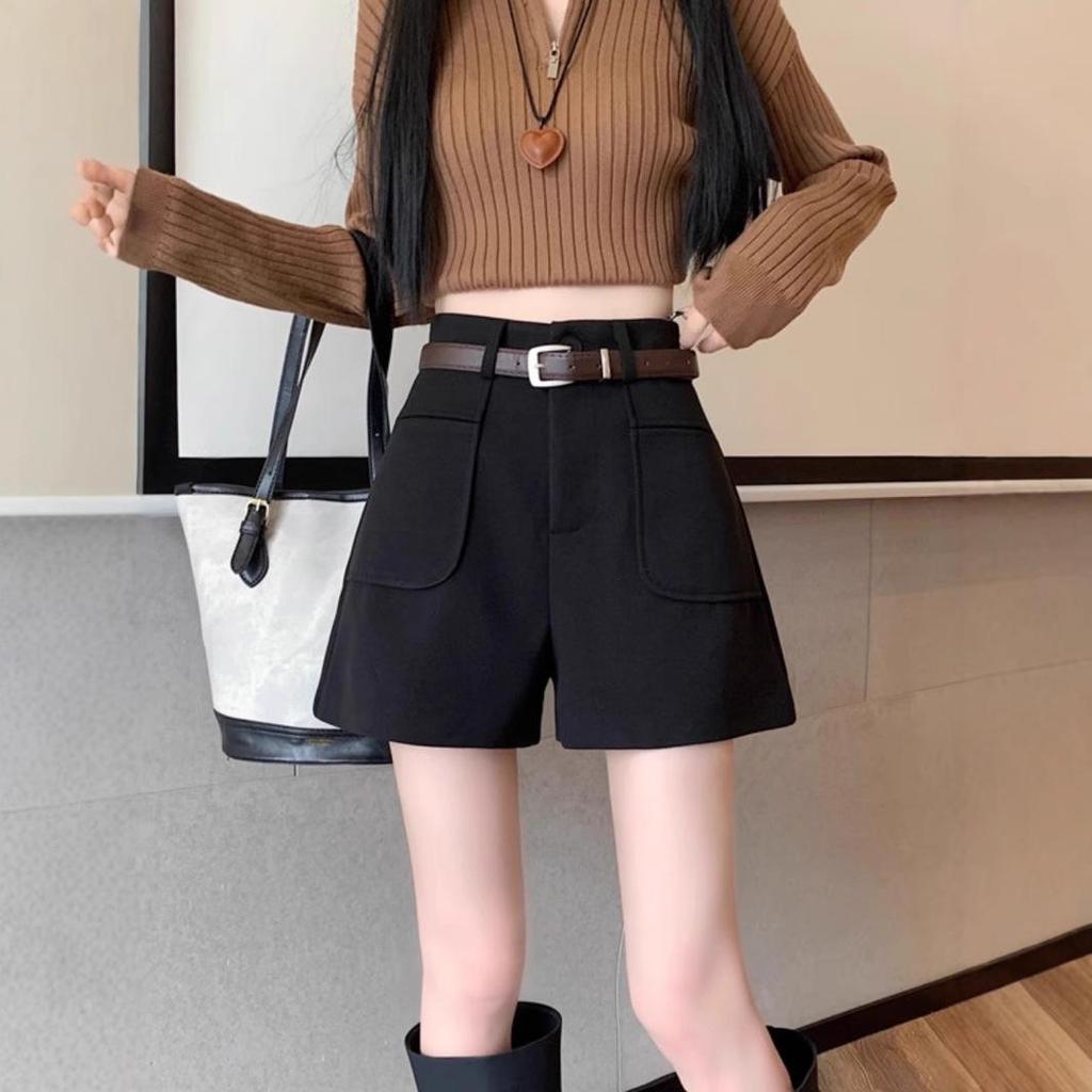 Women's High-Waist Woolen Shorts: Slimming, Casual Wide-Leg Bootcut Pants for Autumn/Winter 2024 In Small Sizes.