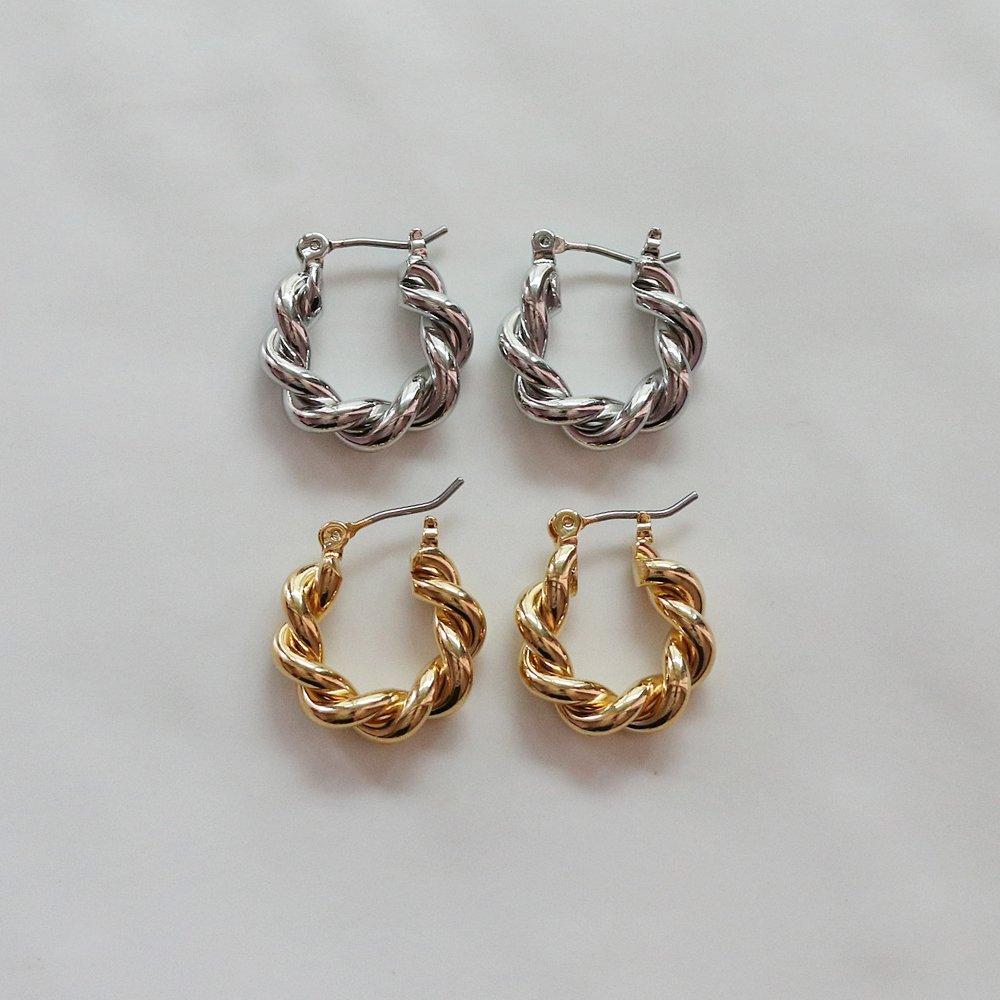 Zz43 Gold Silver Twist Volume One-Touch Hoop Earrings