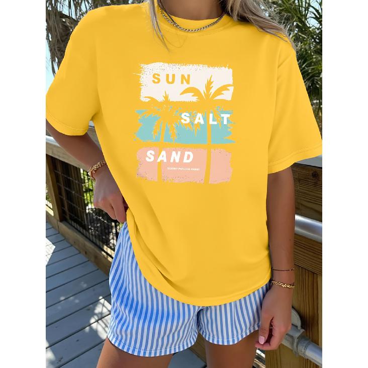 Elegant short-sleeved shirt for women Hawaiian vacation-themed printed round-neck women's shirt T The shirt is suitable for spring and summer