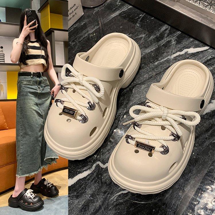 Platform women's shoes 2025 new beach sandals lace-up hole shoes Platform sole casual and comfortable versatile one-pedal sandals