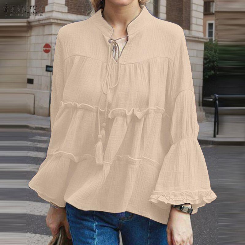 ZANZEA Women Casual Stand Collar Bell Sleeve Loose Blouse