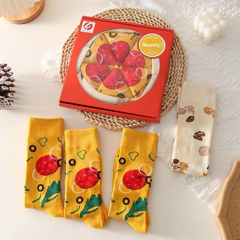 4 Pairs Funny Pizza Socks Box Christmas Socks For Women Men Couples Soft Cotton Winter Warm Socks Christmas Gifts