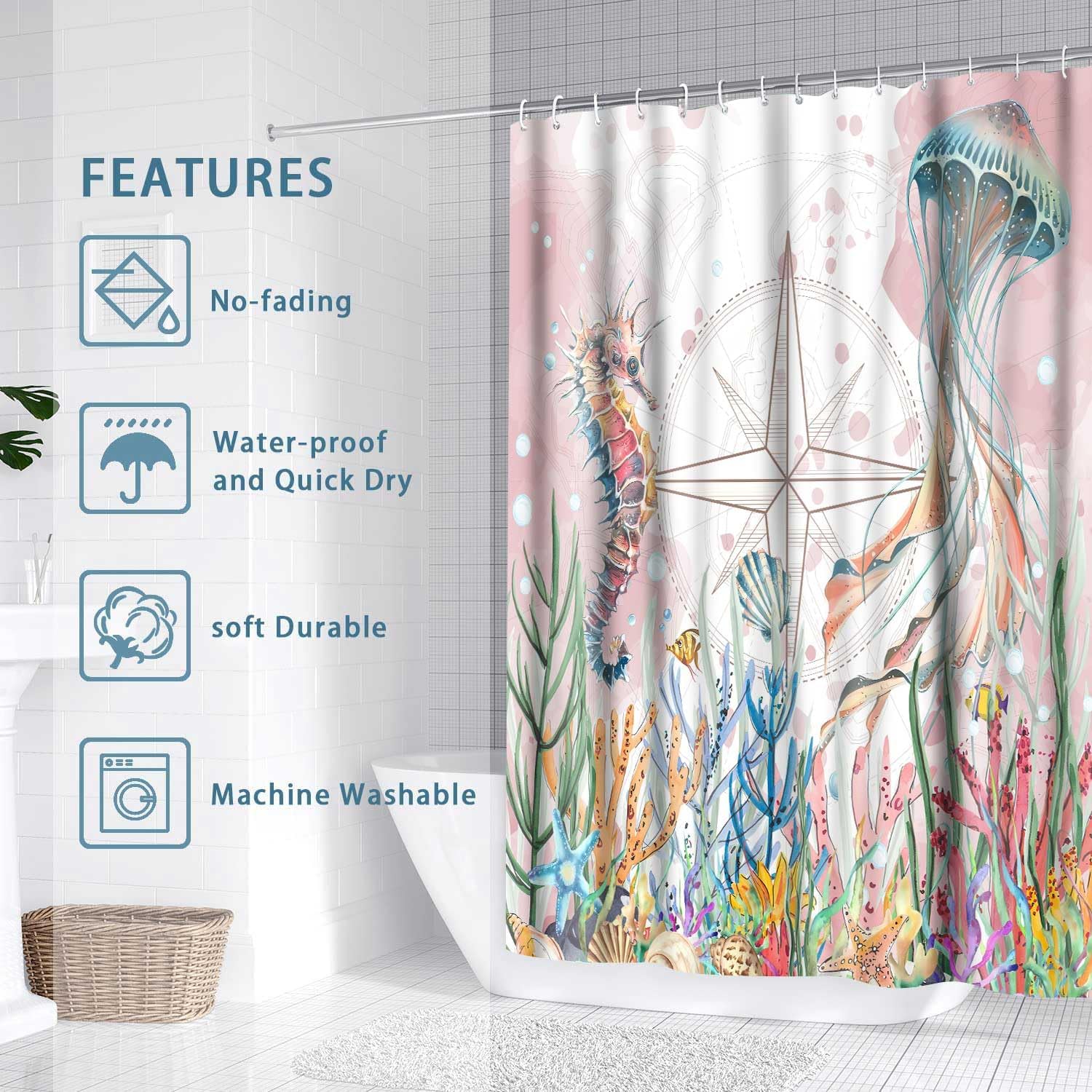 

Прибрежная Морская Занавеска для душа Океаническая Тематическая Подводная Занавеска с медузами, Занавески для душа с морскими звездами и ракушками для декора ванной комнаты, 72 x 72 Розовая