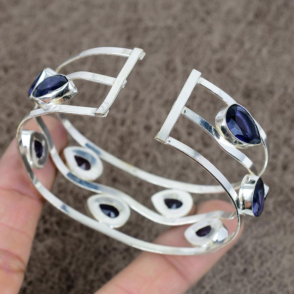 Amethyst Gemstone Handmade 925 Sterling Silver Cuff Bangle Adjustable KKG-206