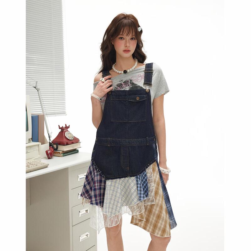 UNIFREE Contrast Denim A-Line Overall Dress