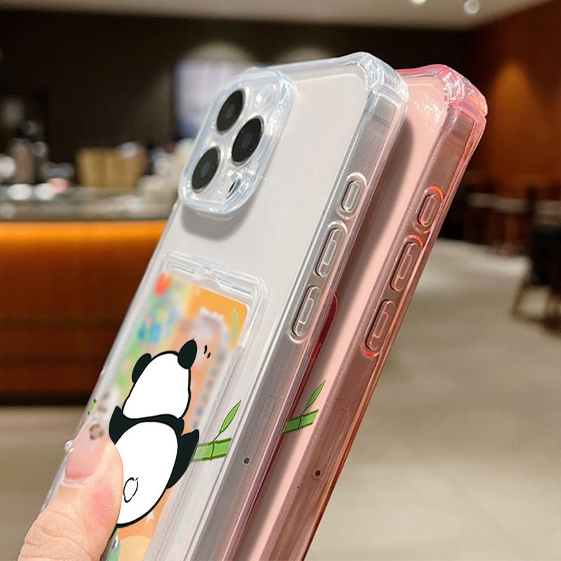 Card Slot Pocket Clear TPU Case For iPhone 17 16 Pro 17e 16e 15 14 13 12 Pro Max 11 Cartoon Panda Soft Silicone Phone Back Cover