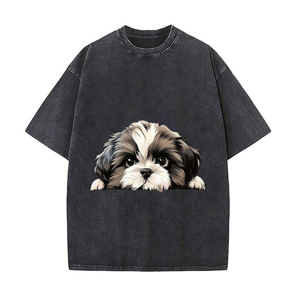 Cute Shih Tzu Puppy Peeking Face Illustration Washed Vintage Short Sleeve Loose Streetwear Tee