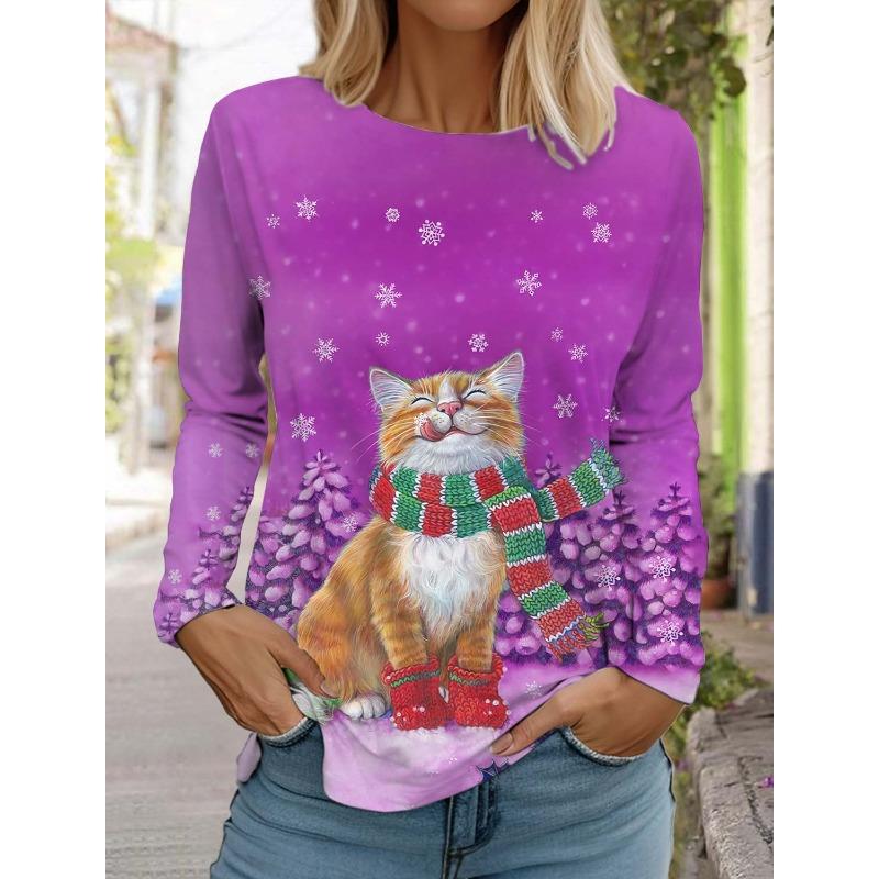 

Футболка с длинными рукавами для женщин с милым рождественским котом, с круглым вырезом и длинными рукавами, осенняя одежда, праздничная модная футболка для вечеринки с изображением животных 5XL