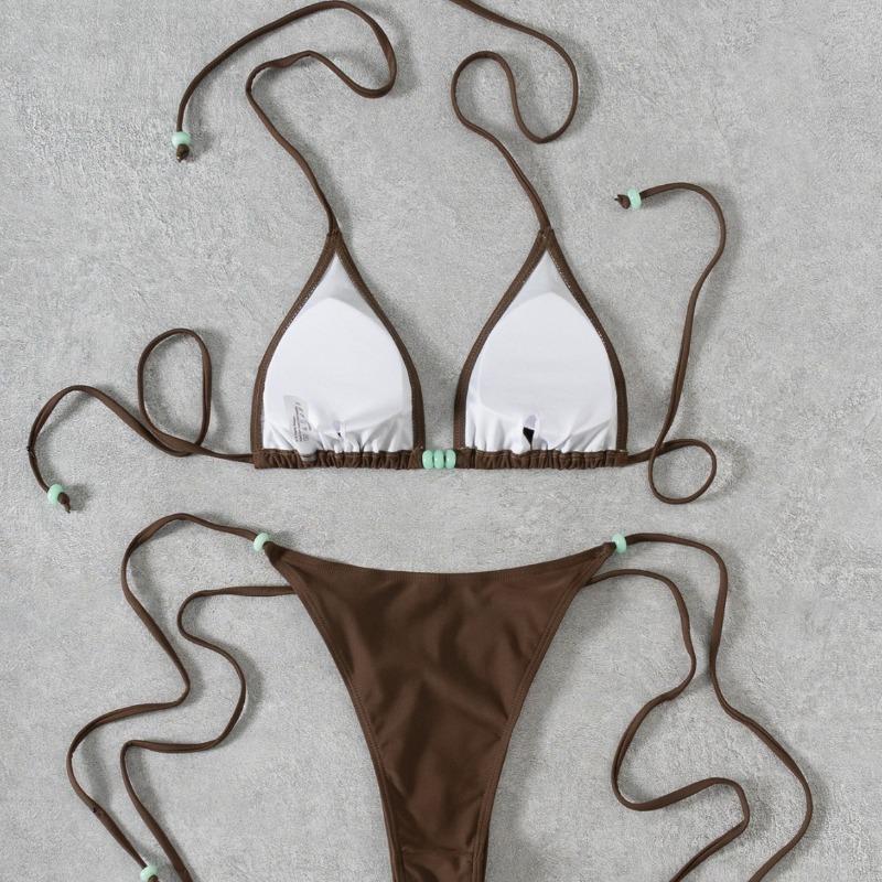 Women's Solid Color Beaded Lace-Up Bikini Set, Sexy Two-Piece Swimwear
