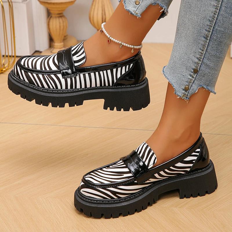 Cow Print Zebra Print Chunky Platform Pumps Women 2025 Autumn Pu Leather Thick Sole Loafers Woman Plus Size Uniform Lolita Shoes