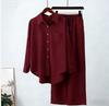 Women's Solid Color Loose Shirt and Wide-Leg Long Pants Set - Cotton and Linen, Ideal for Autumn and Winter