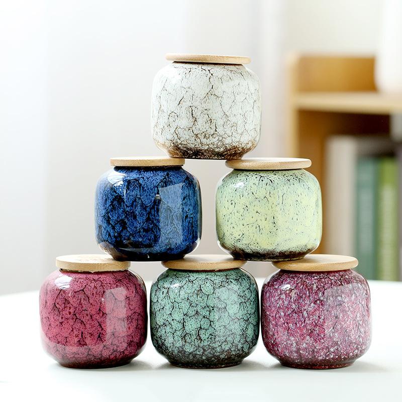 Kiln-changed Sealed Tank Ceramic Home Kitchen Jars Tea Packaging Storage Jar with Bamboo Cover Food Storage Jars
