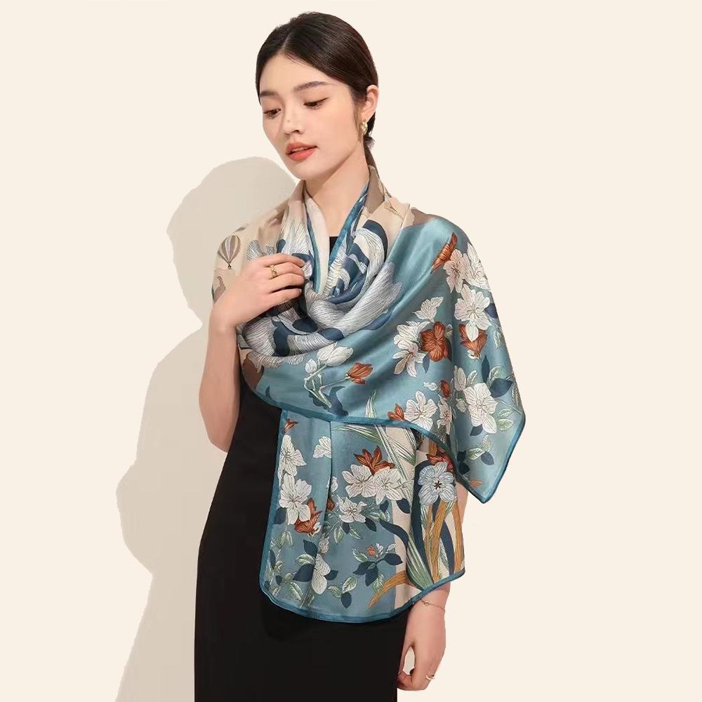 New Blue Women'S 100% Mulberry Silk Scarf Shawl 175*52Cm Fashion Floral Design Long Scarves Wraps Fall Winter Headscarves