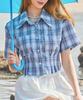 KOLEAT Summer Resort Check Cooling Slim Crop Short Sleeve Shirt [Blue]