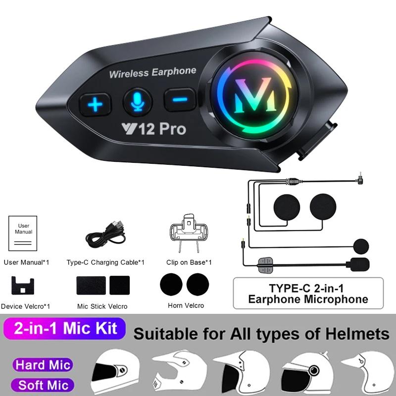 Y12 Pro Bluetooth Motorcycle Intercom 500m Range RGB Lights IP56 Waterproof Headset