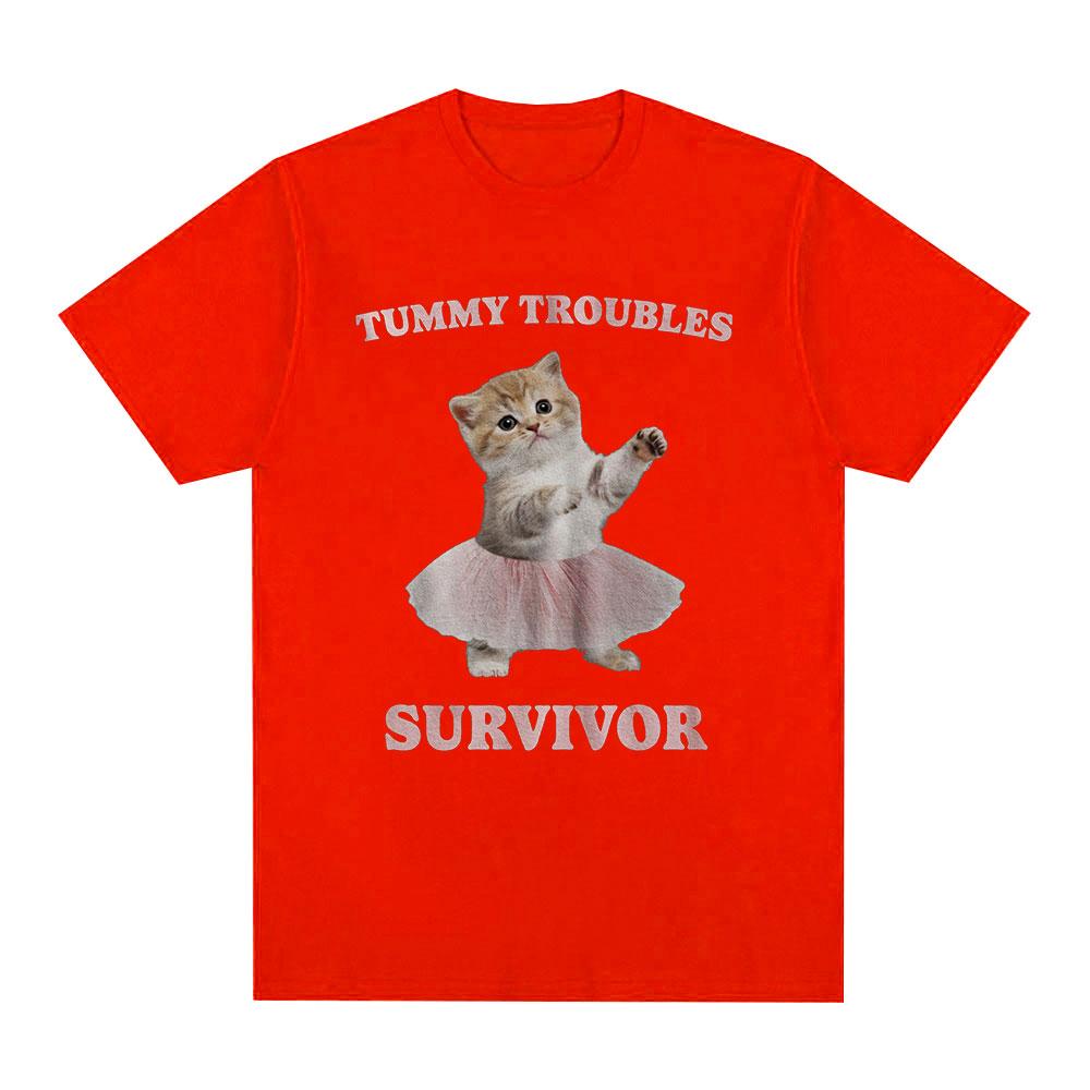 Tummy Troubles Survivor Funny Cat Meme T-shirt Unisex Women Clothes Fashion Short Sleeve T-shirts Cotton Casual Oversized T Shirts S