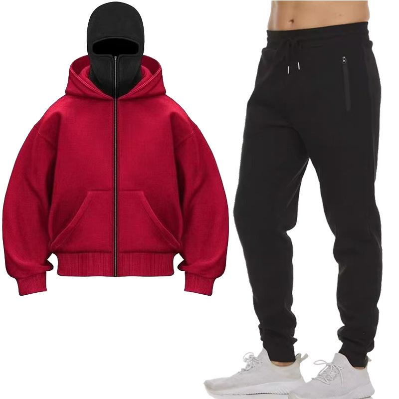 Dvojitá čepice s kapucí a kalhoty sada módní design kukla obličejová maska ​​zip mikina s kapucí muži ženy streetwear trend hip hop mikina kabát