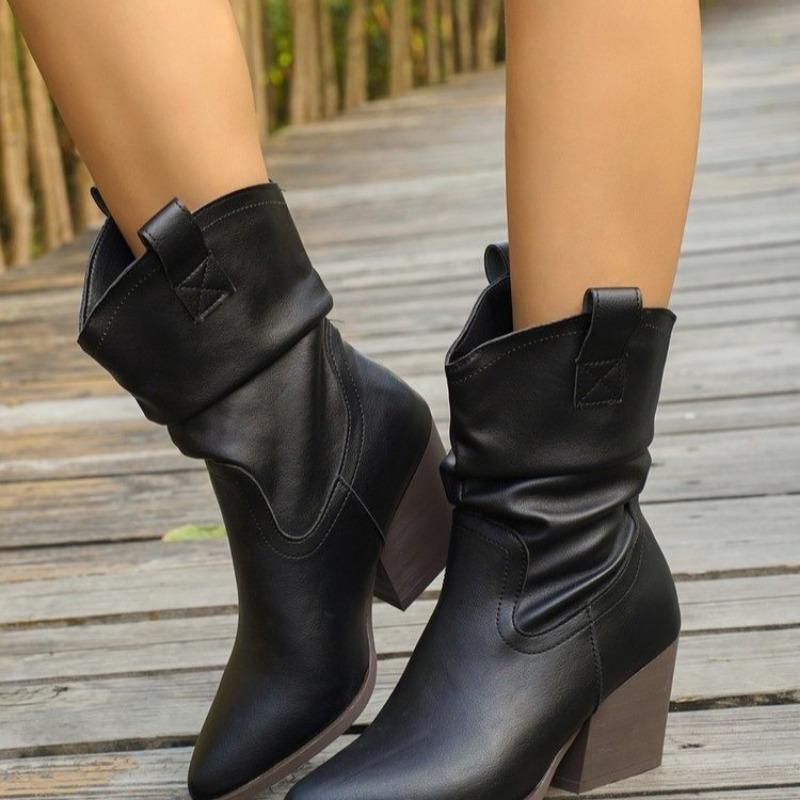 

Новые зимние сапоги на высоком каблуке с гофрированными вставками, удобные, с острым носком, с одной педалью, тонкие, ретро-модные, средние, женские сапоги-рыцари 39 чёрный