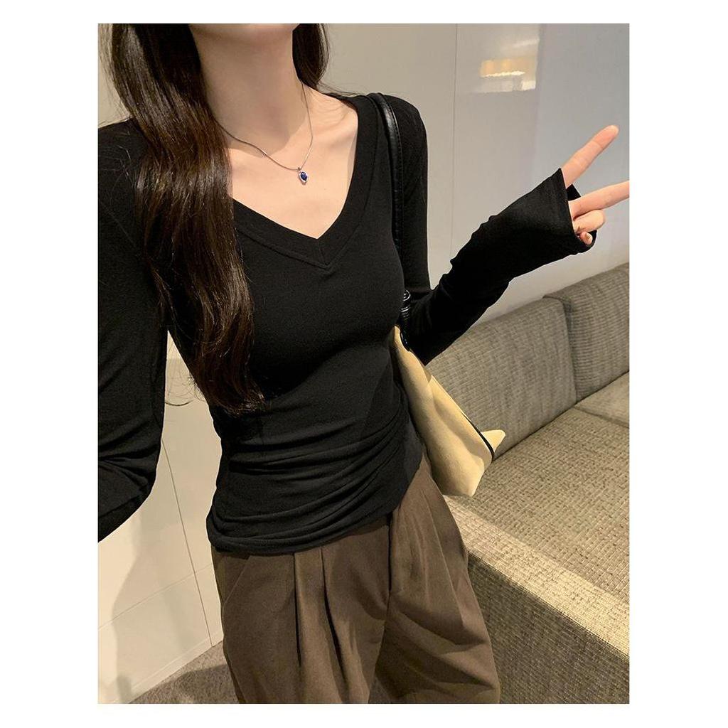Women's Solid Color V-Neck Long-Sleeve Slim Fit Shirt, Autumn/Winter Base Layer or Outerwear, Regular Shoulder.