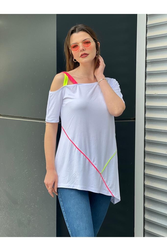 Damen Übergröße Bluse Plus Size Bluse Neonpaspelierung Haifischkragen Schulter Tief ausgeschnitten Asymmetrische Tunika