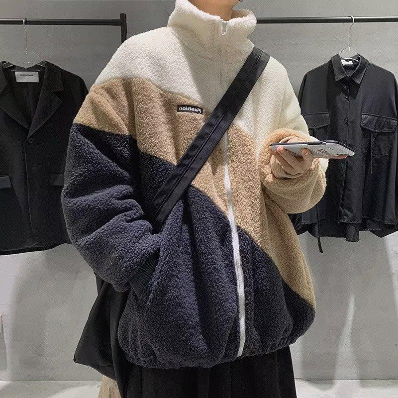 Men s Autumn/Winter Lambswool Color-Block Jacket - Trendy, Versatile, Loose Fit with Stand Collar 2XL