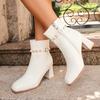 Autumn and Winter Square Head Thick Heel High Heel Fashion Short Boots Women's Pearl Rhinestone Buckle Trim Side Zipper Women's Boots