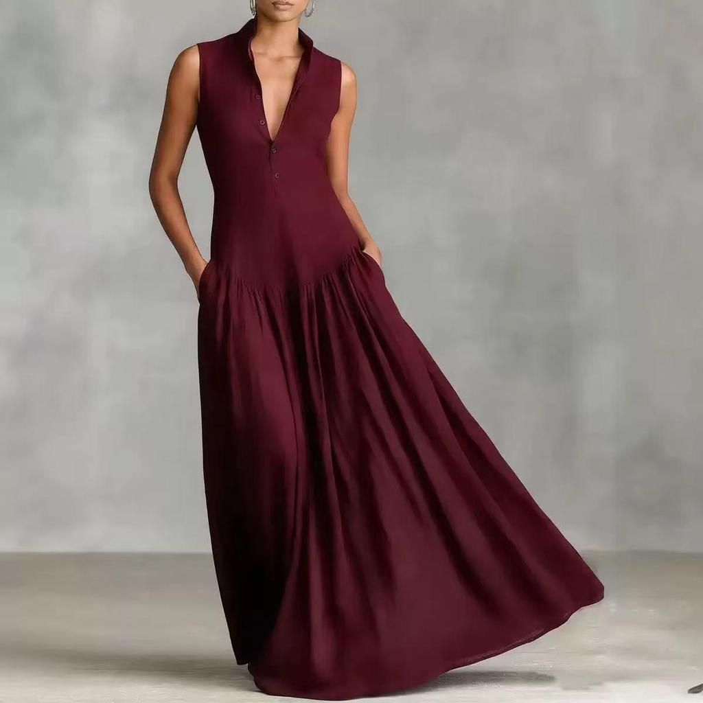 Elegant Black V-Neck Sleeveless Maxi Dress with Cinched Waist, Perfect for Work and Evening Events