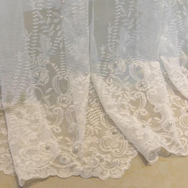 White Sheer Lace Curtain With Embroidery Beading Semi-Sheer Living Room Bedroom Window Drapery